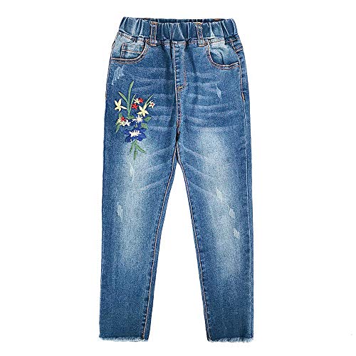 KIDSCOOL SPACE Little Girl Embroidered Jeans,Big Girls Elastic Waist Denim Bottom Pants,Blue,5-6 Years