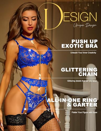 Image of SSoShHub Women Lingerie Set Lace Teddy Strap Babydoll Bodysuit with Garter Belts for Honeymoon Couple Special Wedding Night(No Stocking)
