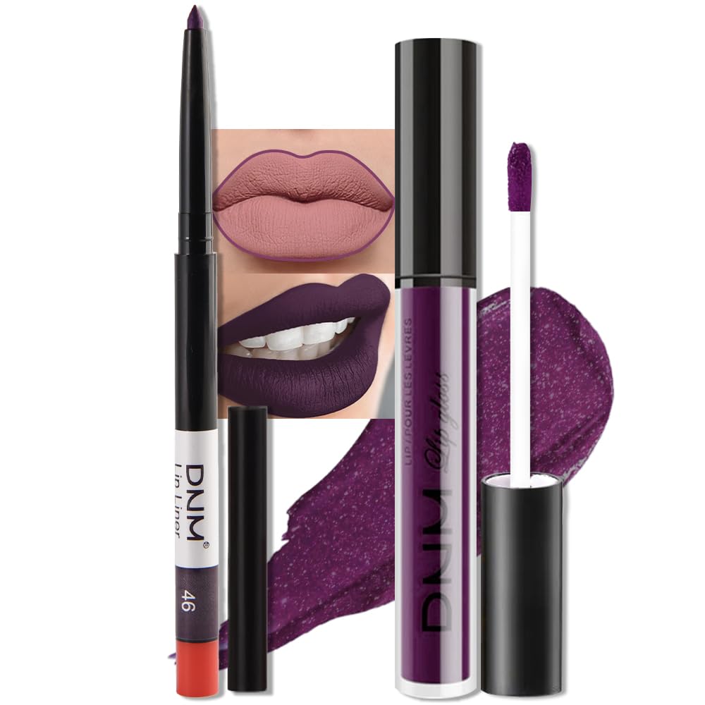 evpct 2Pcs Dark Deep Purple Matte Liquid Lipstick Lip Gloss Stain and Retractable Lip Liner Makeup Set for Women Long Lasting Waterproof 24 Hours