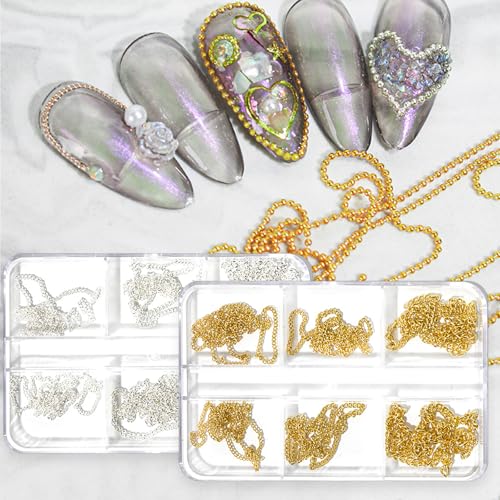 HYWWPFLAY 24 Strips Chain Nail Charms Gold Silver Nail Chains Charms for Nails 3D Punk Metal Nail Art Studs Nail Decorations DIY Craft Manicure Jewels