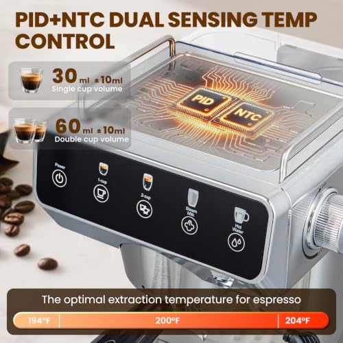 Image of Expresso Coffee Makers with Touch Screen 20 Bar, Professional Coffee Maker with Milk Frother and Hot Water, Stainless Steel Coffee Maker for American Cappuccino Latte, for Office Use in