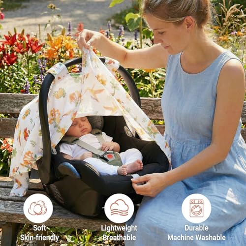Image of Metplus Car Seat Cover Baby, 100% Muslin Cotton Infant Carseat Covers for Boys and Girls, Lightweight Breathable Canopy, Summer Stroller Sun Shade, Newborn Travel Essentials(Hummingbird)