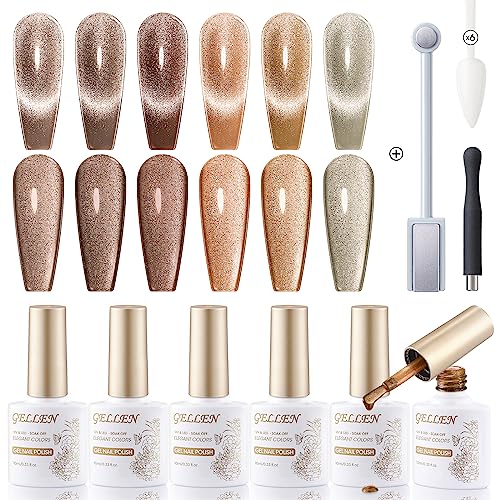 GELLEN Cat Eye Gel Nail Polish Set with Magnet, Elegant Color Gel Polish Kit, Gold Brown Manicure Set, Soak Off Nail Art Design Home DIY Gel Nail, Mothers Day Gifts for Mom