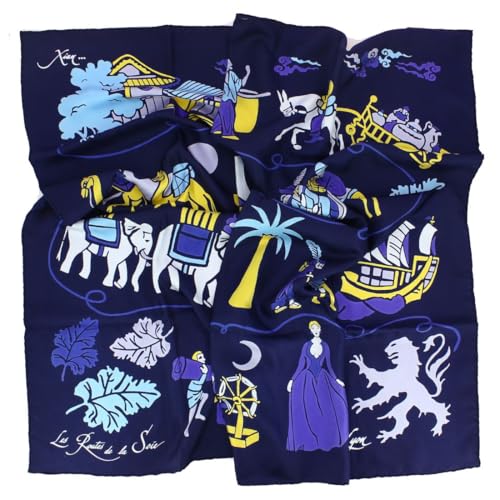 Carré 90 Route de la Soie bleu marine foulard en soie avec motifs fabriqué en France