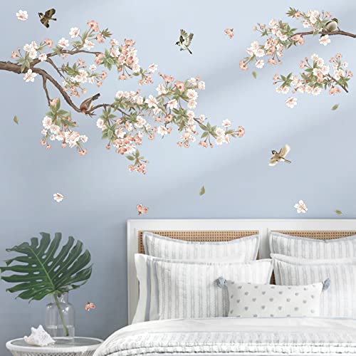 decalmile Flower Tree Branch Wall Stickers Cherry Blossom Floral Birds Wall Decals Girls Bedroom Living Room TV Sofa Wall Decor - Image 2