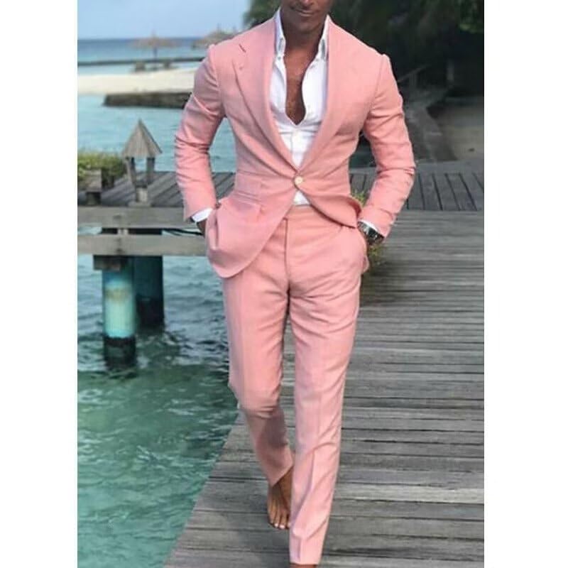 Men’s 2-Piece Slim Fit Suit Set Homecoming Suits One Button Pink Solid Jacket Pants Set for Men3