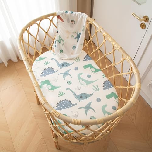 Image of SDIII Dinosaur Bassinet Sheet 2 Pack for Boy Girl, Soft Stretchy Microfiber Jersey Knit, Universal Fit for Rectangle Round Oval Hourglass Mattress