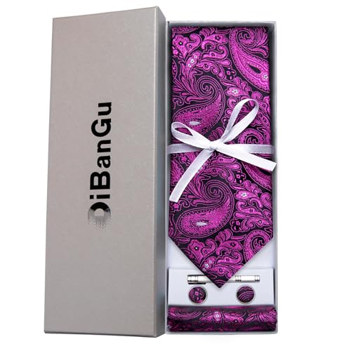 Image of DiBanGu Paisley Ties for Men Silk Necktie and Pocket Square Cufflinks Tie Clip Set Woven Classic Mens Tie for Wedding Party