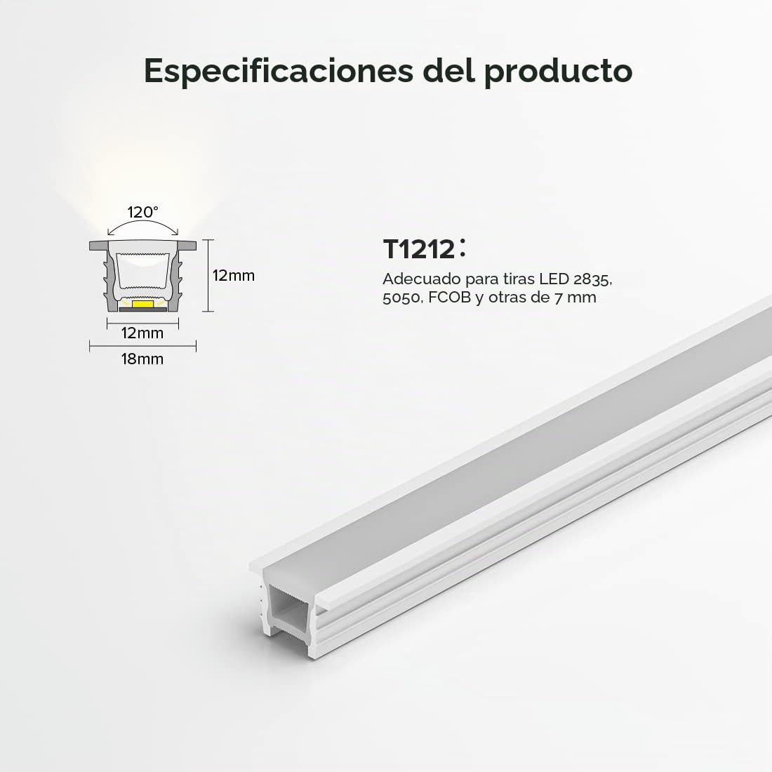 SEZO Perfil LED de Silicona T1212 3M LED Neón Sin Manchas para Tiras de LED Flexibles de 5-7mm IP67 Resistente al Agua 12x12mm Iluminación de 120° (sin Tira LED)