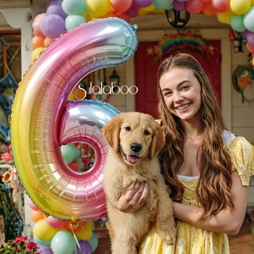Image of Rainbow Gradient Number 6 Balloon 40 Inch Big Large Balloons 0-9 | 6th Helium Foil Mylar Number Balloons for Birthday Anniversary Party Decorations