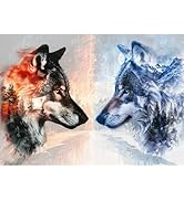 Bgraamiens Puzzle- Ice VS Fire -1000 Pieces Fantasy Double Exposure Wolf Puzzle, Nature Animals P...