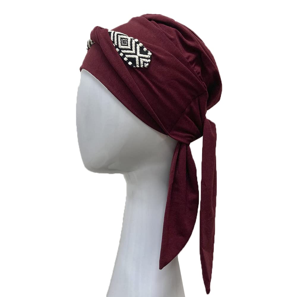 CAREBELL Turbante oncológico Smooth Ikat Burdeos de Bambú para la pérdida de Cabello Headwear