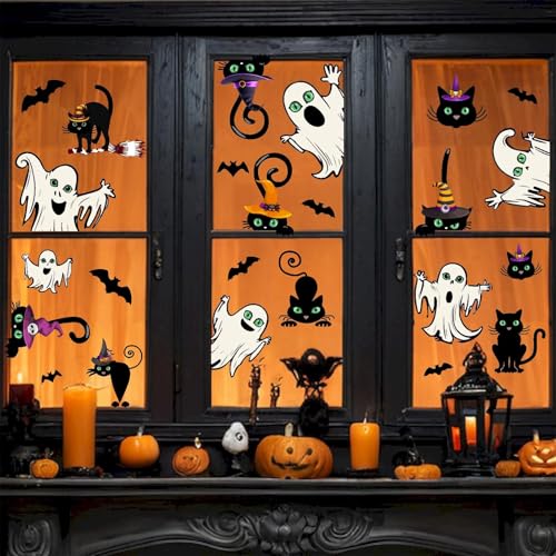 MOSITU Halloween Wall Stickers - Black Cat and Scary Ghost Decals, Witch Hat and Cats Window Stickers for Bedroom Living Room