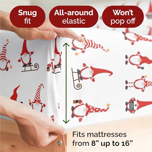 Twin Christmas Holiday Gnomes Red Sheet Set - Holiday Xmas Pattern Bedding Set - Deep Pockets - Snug Fit - 3 Piece - Wrinkle Free - Comfy Festive Winter - Holiday Sheets for Women, Men, Kids & Teens