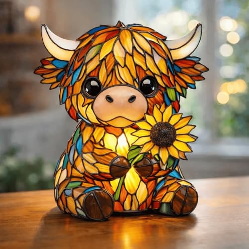 Highland Cow Sunflower LED Night Light 15cm Stained Glass Style Resin Table Lamp Table Decor for Bedroom Office & Bookshelf Gift for Cow Lovers