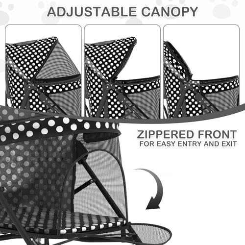Image of MoNiBloom 4 Wheels Pet Stroller, Easy-Fold Umbrella Shaped Dog Cat Jogger Stroller w /Storage Bag & Visible Mesh for Small /Medium Dogs Cats Black Polka Dots