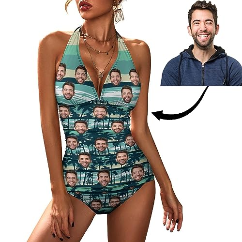 Personalized Husband Face on Women V Neck Swimsuits American Flag 2 Piece Bathing Suits Swim2