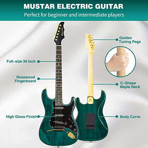 Mustar Electric Guitar Kit, 39 Inch Full Size Solid Body Electric Guitar Beginner Kits For Birthday Holiday Gifts, 25W Amplifier, Gig Bag, Digital Tuner, Capo, Strap, Cable And Picks, Ripple Green #TOP2