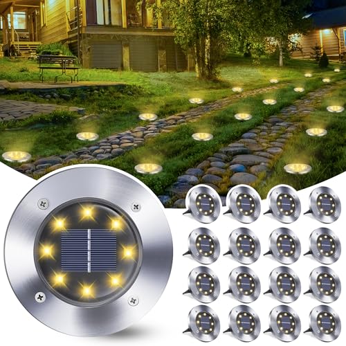 Qedertek Luz Solar Exterior Jardin 8 LED 16 Pack Luces Solares de Tierra, Lampara Solare Exterior IP65 Impermeable Blanco Cálido Luces Solares para Césped, Patio, Camino, Escalón, Entrada de Garaje