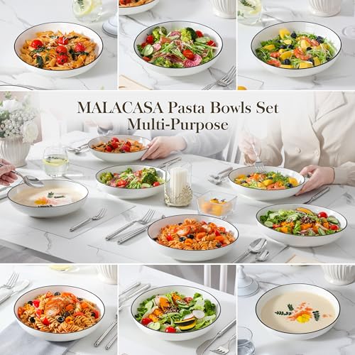 Image of MALACASA 8.85 inch Large Pasta Bowls, 42 OZ White Salad Bowls Soup Bowls, Porcelain Serving Bowls Set of 6, Ivory White with Black Rim, Microwave & Dishwasher Safe, Series REGULAR
