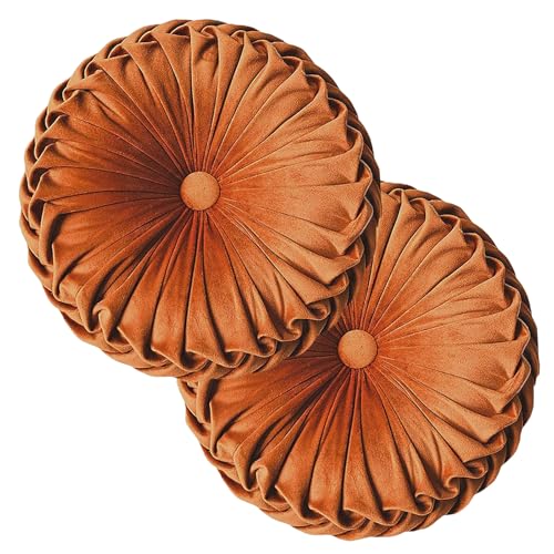 Teieas 2 Pcs Round Throw Pillows Decorative Pumpkin Velvet Boho Pleated Bed Pillows Back Support for Couch Chair Dorm Car 14.96'' (Orange)