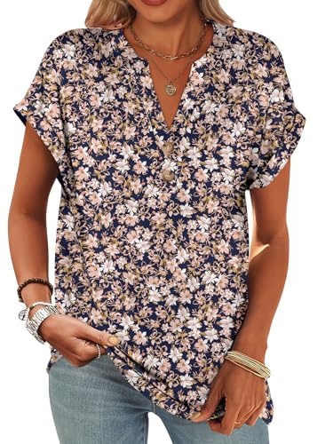 Image of ANRABESS Womens Short Sleeve Henley Tops V Neck Dressy Casual Blouses Summer Trendy Tee Shirts 2026 Vacation Fashion Clothes
