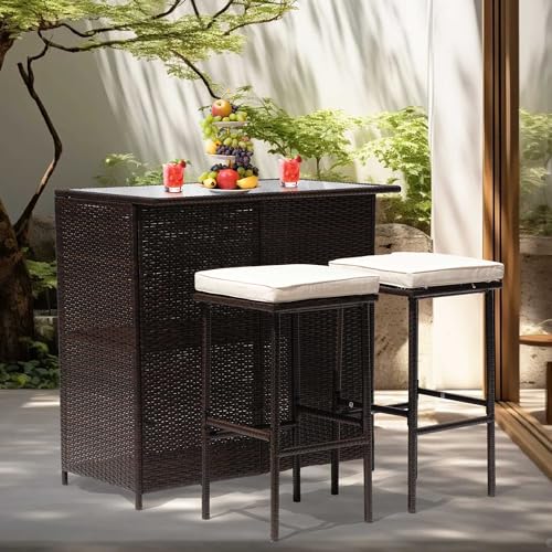 PayLessHere Rattan Bar Set 3Pcs Patio Wicker Bistro Set Sturdy Frame Bar Height Table with Glass Table Top Storage Shelves 2 Bar Stools for Patio Poolside Porch Outdoor Indoor (Khaki) - Image 7
