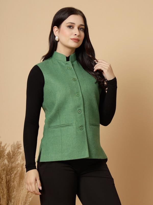 Image of Vastraa Fusion Solid Indian Traditional Ethnic Waistcoat Festive Woolen Nehru Jacket for Women