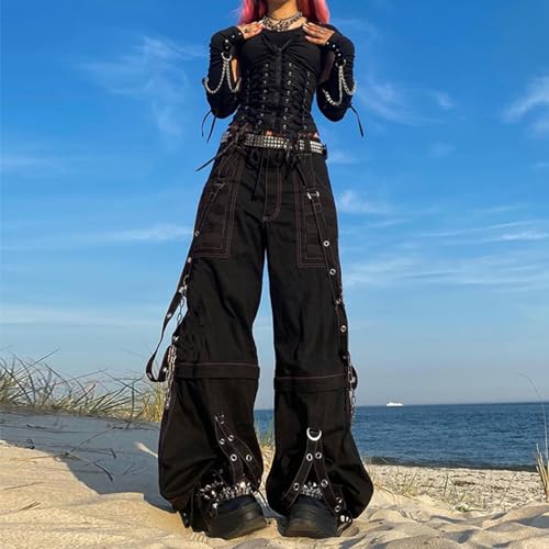 Womens Gothic Punk Cargo Pants Low Waisted Y2K Wide Leg Baggy Boyfriend Denim Jeans Trousers Harajuku Streetwear2