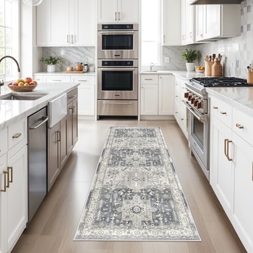 Washable Hallway Runner Rug 2x6: Soft Kitchen Rug Non Slip Rug Runner with Rubber Backing for Living Room Bedroom Bathroom Non Shedding Farmhouse Carpet Runner Rug (Grey, 2X6)