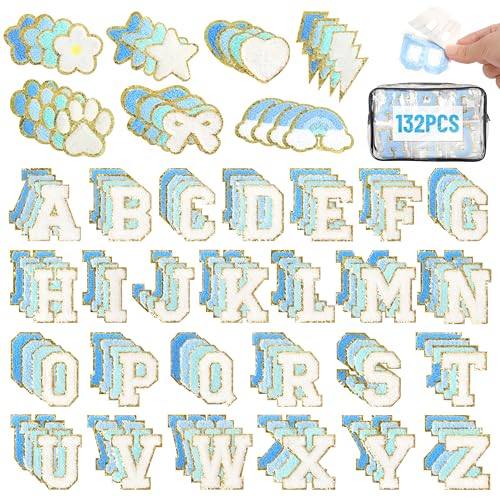 NICEVINYL Self Adhesive Chenille Patches132PCS Blue Pre-Sort Varsity Letter Patch for DIY Bags Backpacks Hats - Heart Star Bowknot Cute Patch Stickers for Birthday Party Gifts Crafts