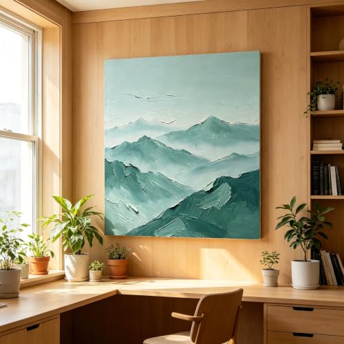 Toile Wabi-Sabi montagne brumeuse turquoise, poésie murale fait main - 5