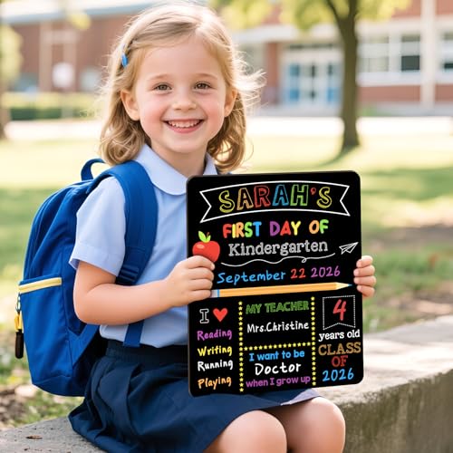 First & Last Day of School Signs with 6 Writing Pens, 10 x 12 Inch Double Sided Back to School Board for Kids/Girls/Boys, Reusable Wooden 1st Day of Preschool/Kindergarten Photo Props