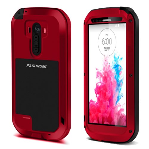 Pasonomi Schutzhülle für LG G3 D855/851, wasserdicht, robust, Metall, Aluminium, Gorilla-Glas, stoßfest, Rot Cover