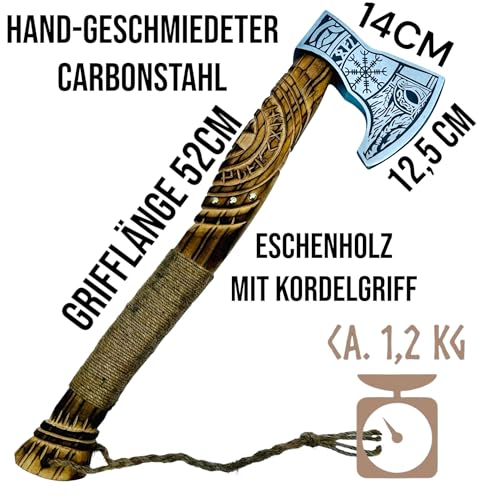 Foto von CraftTal-Wikinger Axt 52 cn.mit Rabankopf Messer 2in1set Handgravierter Eichenholz Griff 1095 Kohlenstoffstahl Klinge LARP Beil mit lederschutz Geschenk für männer