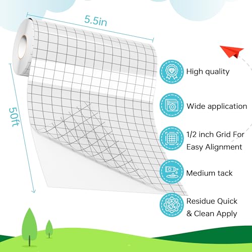 Image of LIKCUT Clear Vinyl Transfer Paper Tape Roll - Medium Tack Gray Grid for Crafting, Compatible Glee S501 for Decals, Signs, Windows & Stickers (5.5in x 50ft)