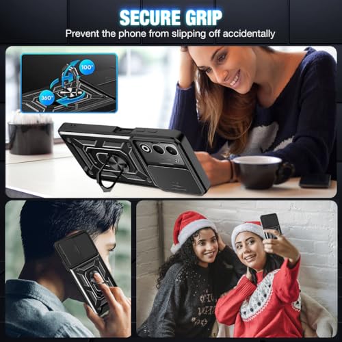Image of Shockproof Back Case Cover for Oppo A6 /A6 Pro 5G, Shockproof Oppo A6 /A6 Pro Back Cover, Ring Case with Kickstand and Camera Protection Shutter - Black