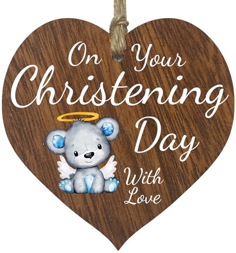 Christening Gifts for Boy Him On Your Christening Day Hanging Wooden Heart Sign Plaque for Mommy Daddy - Dark Wood Hearts, First Communion Christening Gifts, Christian Religious Gift, Keepsake
