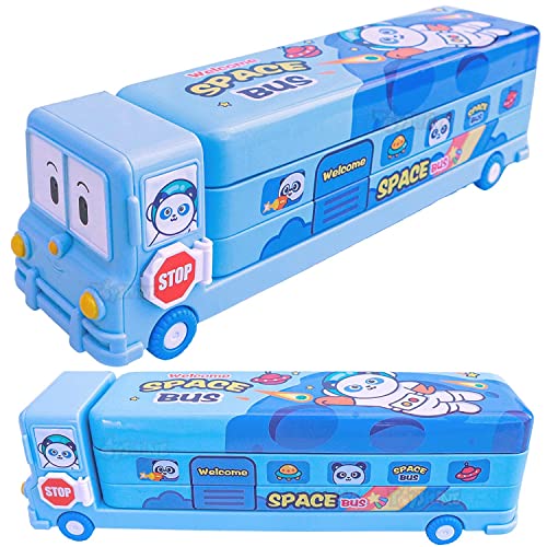 Image of LONGMIRE Plastic Space School Bus Shaped Pencil Box for Kids with Wheels and Sharpener Metal Bus Pencil Box for Boys Multicolor