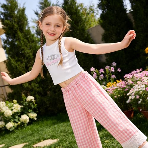 Image of Miipat Toddler Girls Wide Leg Pants Elastic Waist 2 Pack Gingham Pants Girls Loose Checkered Plaid Lace Bottoms