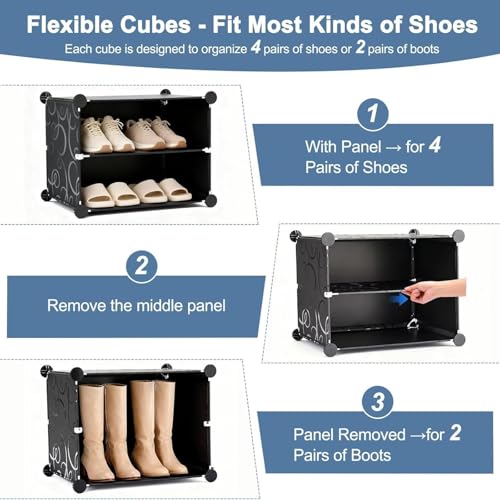 Image of DUMOS 8-Tier Shoe Storage Cabinet with Door, Stackable, 32 Pairs, Black | Dust-proof door with airflow holes, fits closets, entryways, hallways & bedrooms, waterproof PP panels, side hooks included