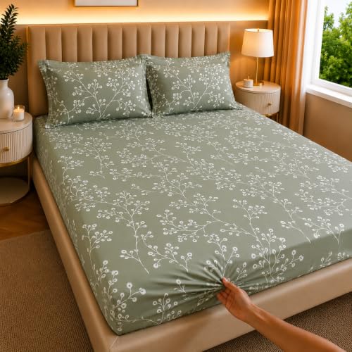 Image of Castiqa Elastic Fitted Supersoft Premium Polycotton 200TC King Size Bedsheets with 2 Pillow Covers | No Slip Bedsheet | (Green Tree, King (72x78 Upto 10 inch Mattress))