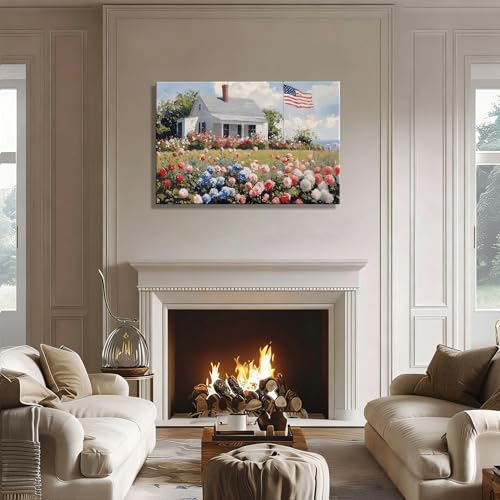 Image of RIBNTAK Patriotic American Flag & Floral Farmhouse Canvas Wall Art, 4th of July Coastal Cottage Pictures, Wildflower Landscape, Independence Day Wall Decor for Living Room, Kitchen, Made USA