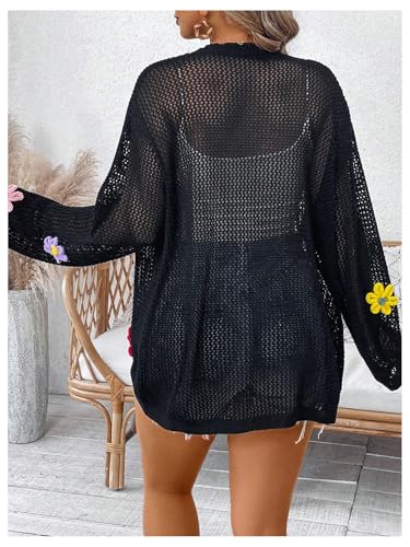 SOLY HUX Women's Plus Size Hollow Out Floral Tie Front Cardigan Sweater Knit Long Sleeve Shirts Lightweight Outerwear3