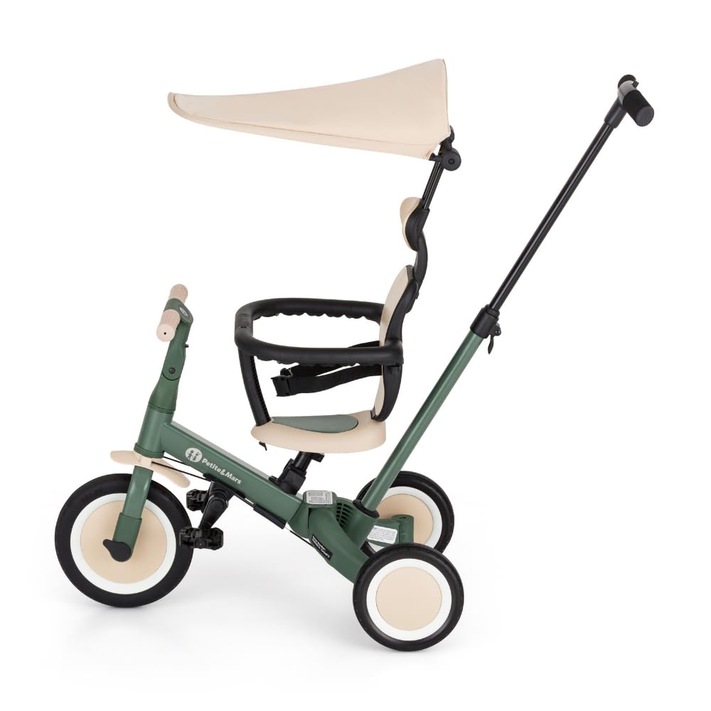 PETITE&MARS Turbo Plus 5in1 Kinder-Dreirad & Laufrad | Multifunktionales 3–5-Rad mit Sonnendach | Für 1,5–5 Jahre | Abnehmbarer Pedalantrieb, Verstellbarer Sitz, Gurt, PU-Räder (Misty Green)