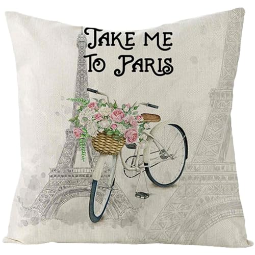 Isdreem Tissu en Lin Housse de Coussin New York taie d'oreiller la Reine des neiges Vélo Fleur Tour Eiffel Extensible imperméable Deco Rose Beige 50x50cm