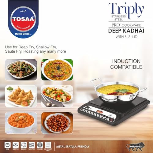 Image of Tosaa Triply Stainless Steel 24 cm Kadai with Lid /Indian Wok|Even Heat Distribution| Consumes Less Oil|Easy to Clean|Gas Stove Compatible - 2000 ml
