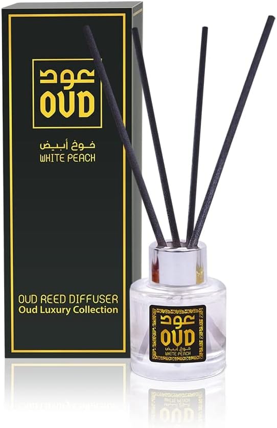 OUDLUX Oud Reed Diffuser – White Peach 50ml | Luxury Fruity & Musky Home Fragrance with Natural Rattan Sticks | Long-Lasting Room Freshener | معطر جو طبيعي