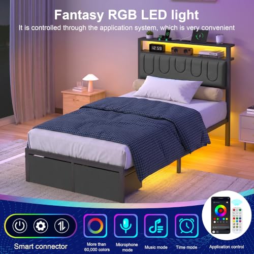 Image of Twin Bed Frame with 2 Drawers, Platform Bed Frame with LED Lights and Charging Station, Upholstered Headboard, Heavy Duty Metal Slats, No Box Spring Needed, Noise Free, Easy Assembly