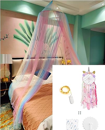 Image of Rainbow Bed Canopy Mosquito Net, Princess Bed Canopy for Girls Room Decor or Unicorn Theme Party(Rainbow,with Unicorn Dream Catcher /Lights)